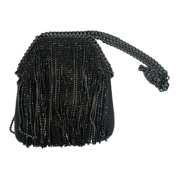 NWT Jessica McClintock Chrissy Black Curtain Rhinestone Fringe Clutch - Picture 2 of 7